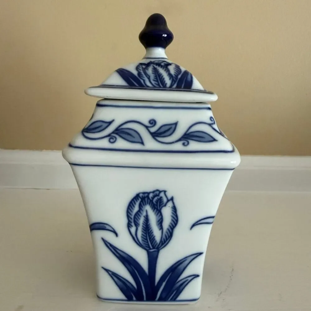 Bombay Company Blue & White Tulip Lidded Container | Ceramic Decorative Jar